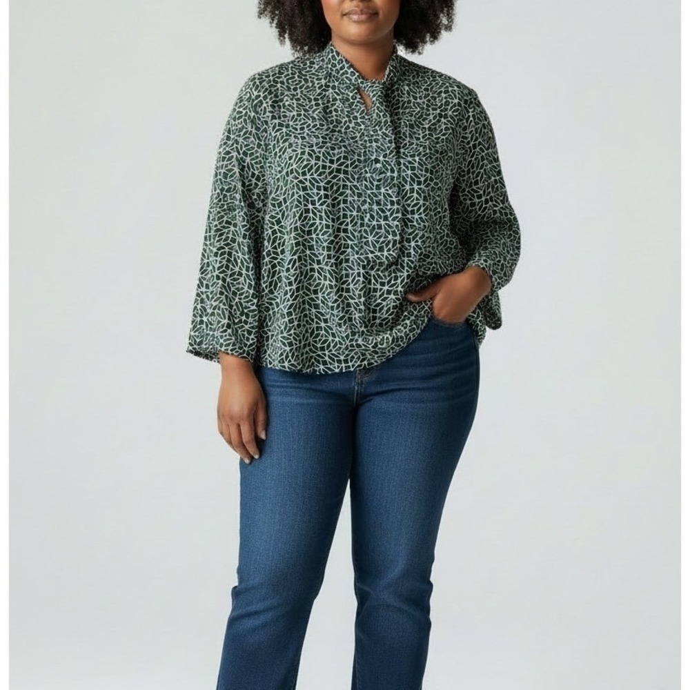 Liz Claiborne Womens Geometric Print Mock Neck Tie Neck Blouse Top XL - Picture 1 of 6